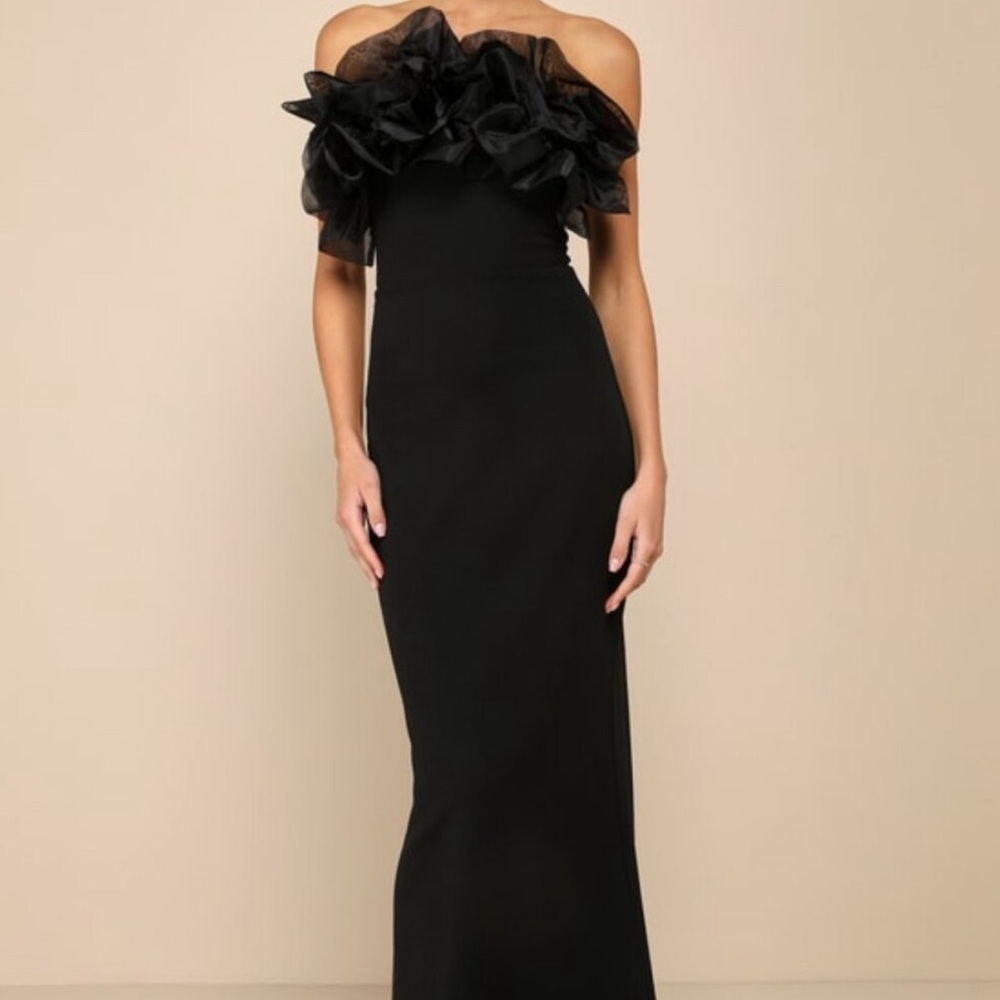 Lulus Evening Excellence Black Ruffled Strapless Mermaid Maxi Dress - Size L